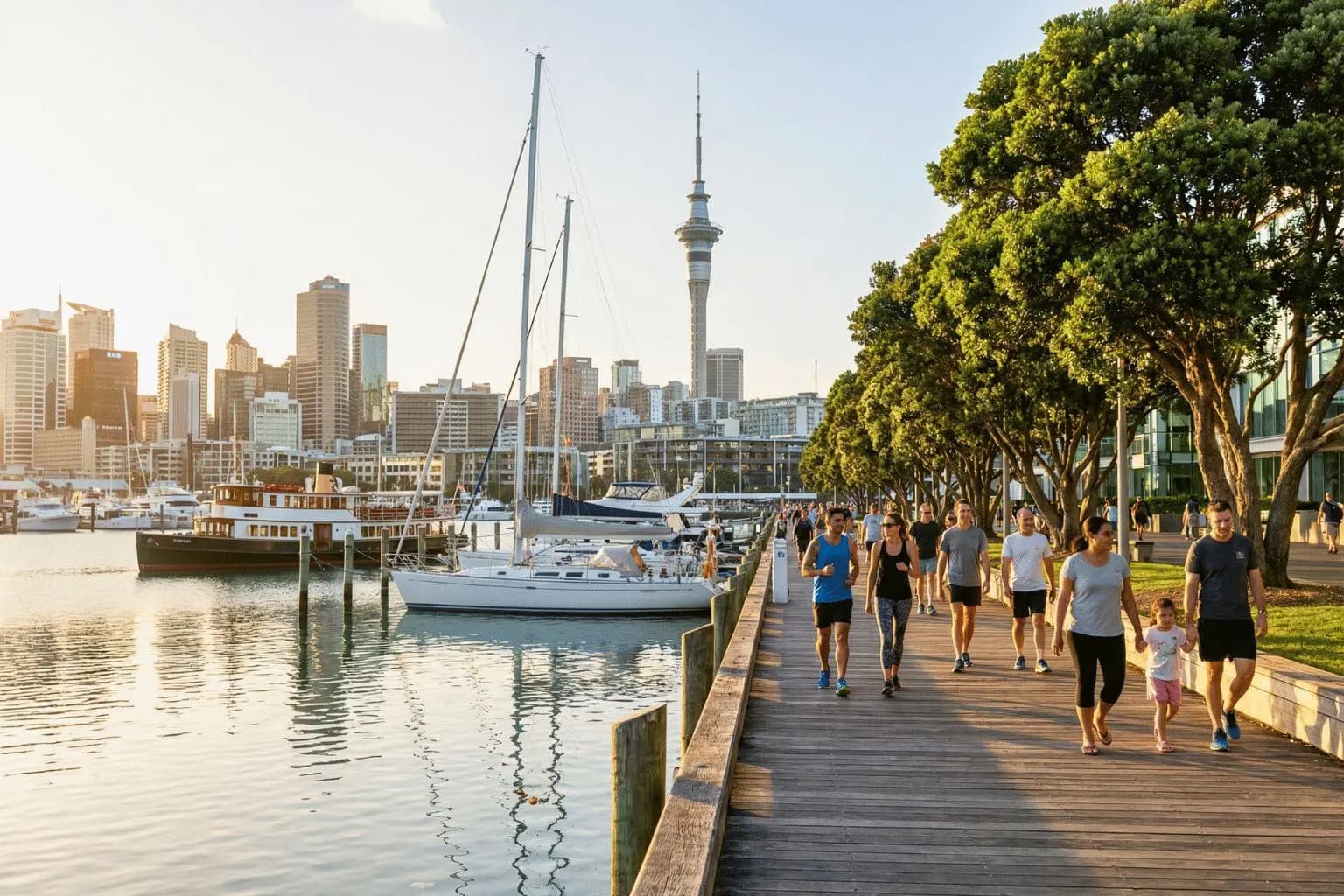 Costanera de Auckland con veleros y la Sky Tower