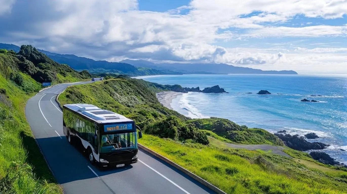 Micro de traslado por una ruta costera de Nueva Zelanda